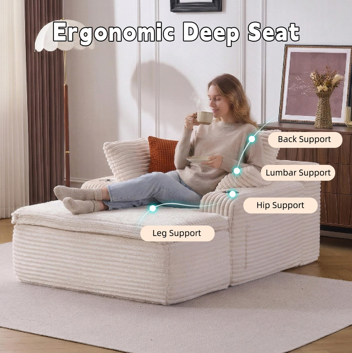 SOFA mit Schlaffunktion, Chaise Lounge, 3 Kissen, Beige, Cordstoff - Beige, Kunststoff (112/63/165cm) - Meubliv