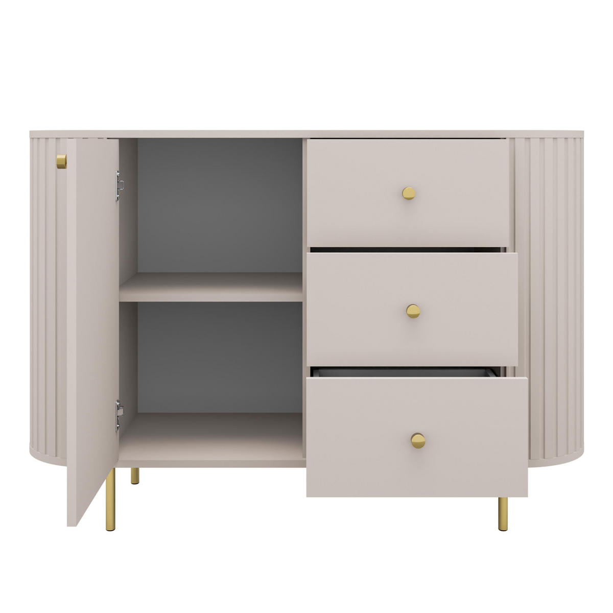 SIDEBOARD Halay Beige, 1 Tür & 3 Schubladen Moderne Rillenstruktur 123 cm - Beige/Goldfarben, Holzwerkstoff/Metall (123/85.4/42.3cm) - AX Living
