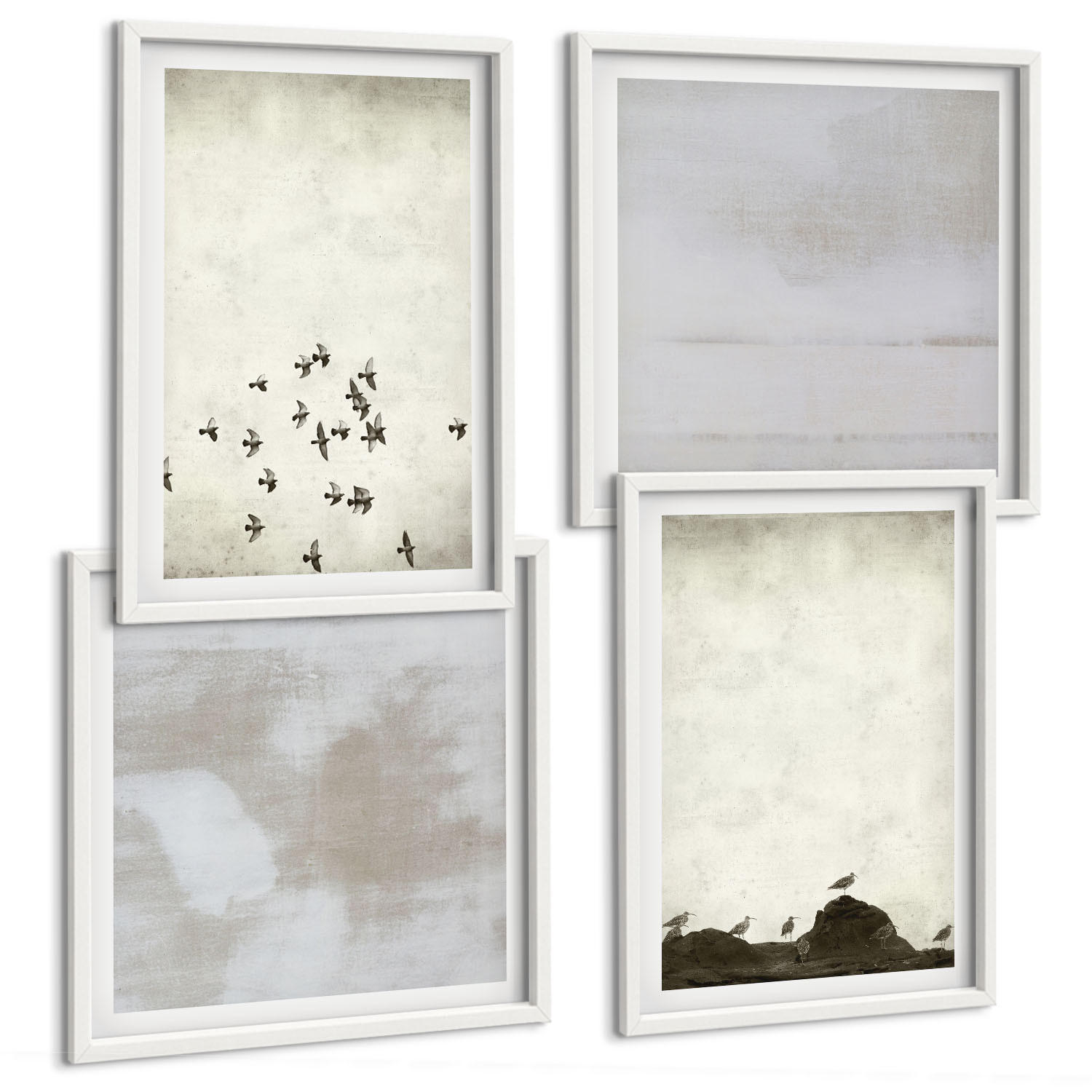 BILDER SET 4er Set - 50x50 cm & 40x60 cm Weißer Rahmen - Minimalistische Vögel im Flug - Weiß, Kunststoff (50/50cm) - TULUP