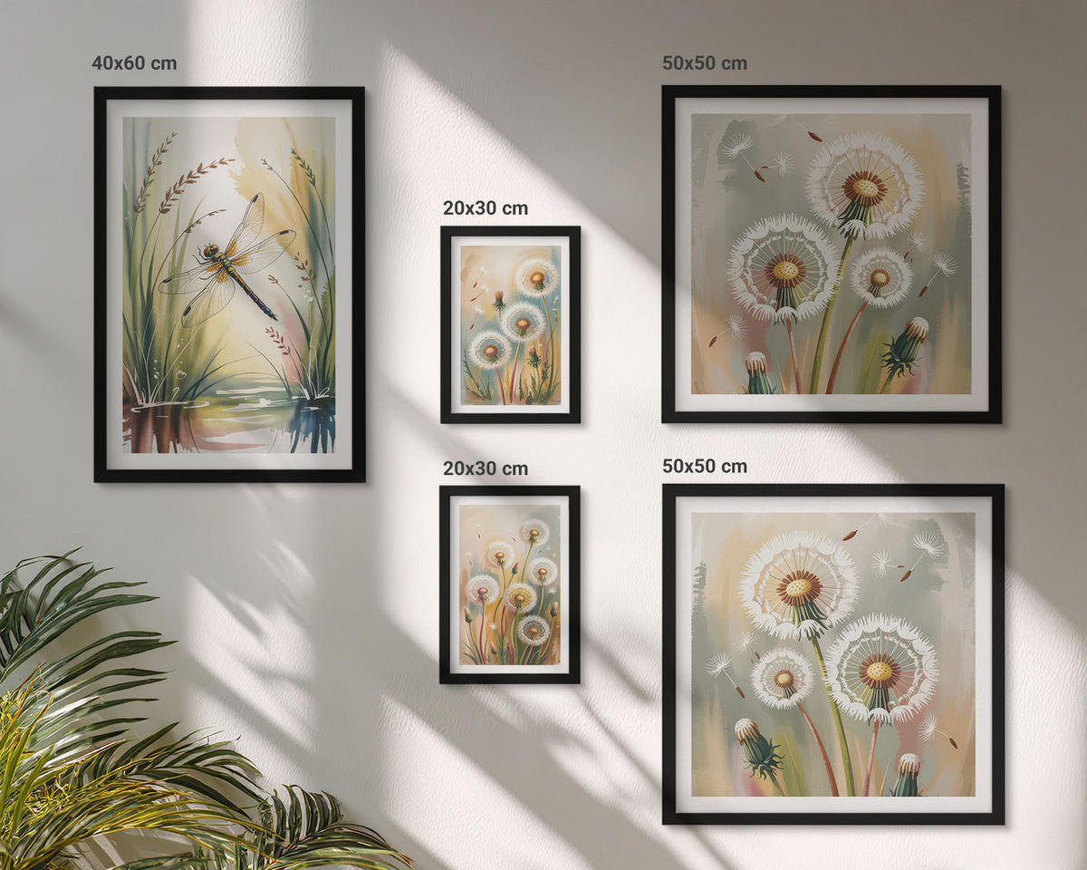 WANDBILDER 5er-Set - 50x50 cm & 20x30 cm & 40x60 cm Schwarzer Rahmen - Pastellfarbene Löwenzahnblüten - Schwarz, Kunststoff (40/60cm) - ArtPrintCave