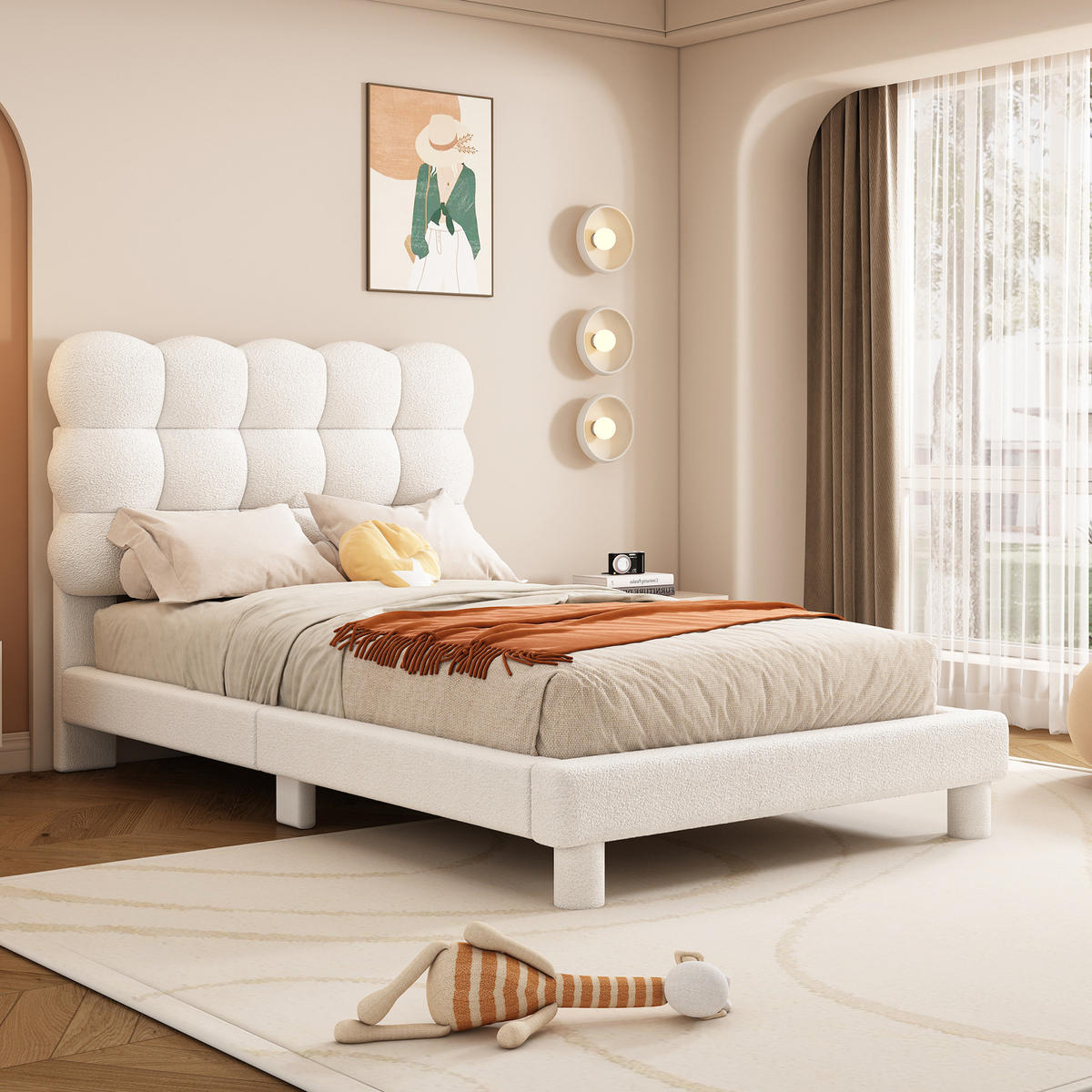 ČALOUNĚNÁ postel 90/200 cm bílá z plyše a MDF s nastavitelným čelem - bílá, textil (90/200cm) - OKWISH