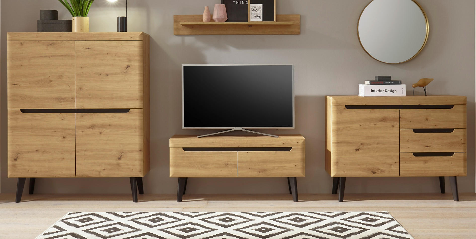 WOHNWAND Artisan Eiche schwarz, Wohnkombination 4-teilig skandinavisch, 361 x 170 cm - Schwarz/Eiche Artisan, Holz/Holzwerkstoff (361/170/40cm) - Furn.Design