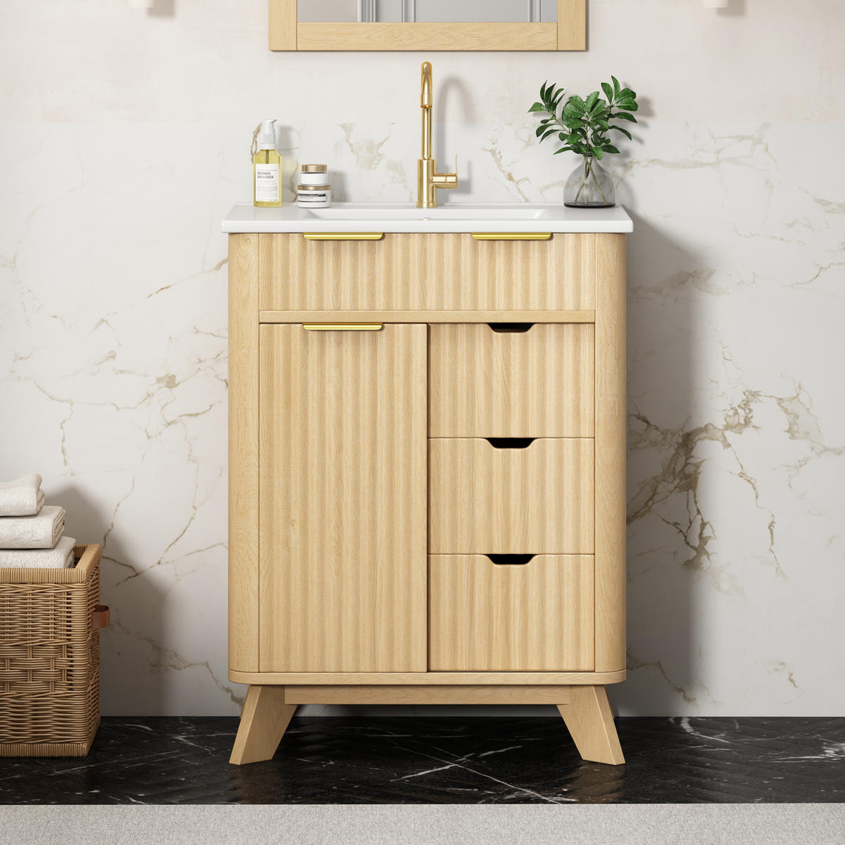 BADEZIMMERSCHRANK Wellenoptik Holzton 3 Schubladen Schiebetür 61cm - Naturfarben, Keramik (61/90/47cm) - FLIEKS