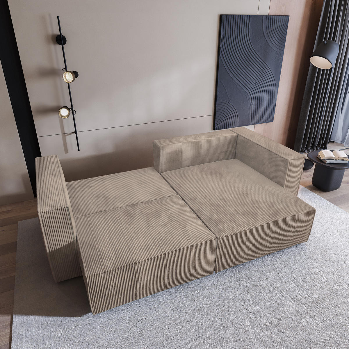 ECKSOFA NERIO P Beige Kordstoff mit Schlaffunktion - Beige, Holz (245/148cm) - MASSENO