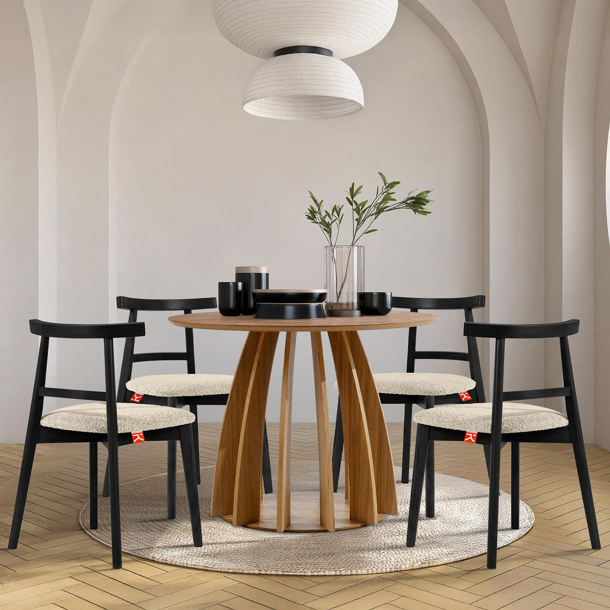HOLZSTUHL LILIO Esstischstühle, 2-er Set, Bouclé - Creme/Schwarz, Holz/Textil (47/76.5/45cm) - KONSIMO®