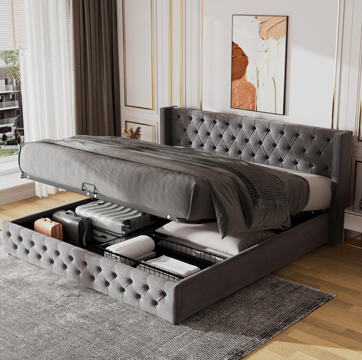 POLSTERBETT 180/200 cm mit hydraulischem Bettkasten, Chesterfield-Design, Samt Grau - Grau, Textil (180/200cm) - Redom