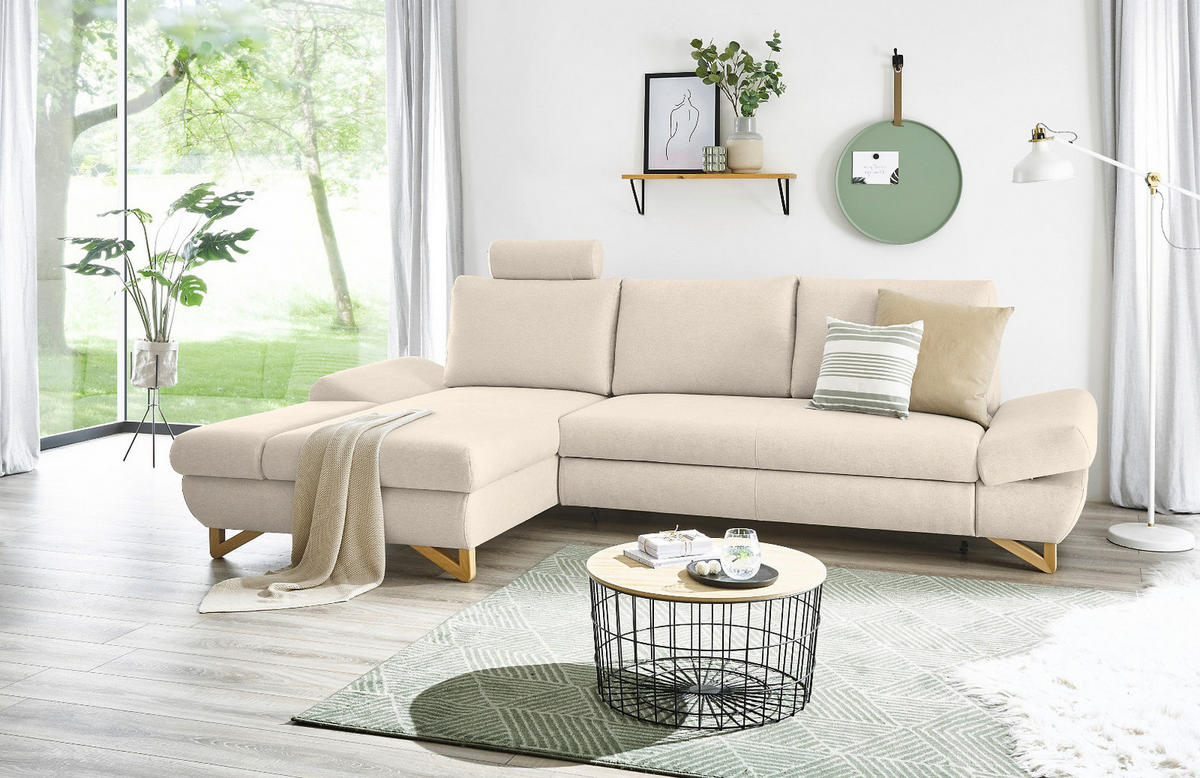 ECKSOFA creme Velours, Wohnzimmer Sofa - Creme, Holz/Textil (166/284cm) - Furn.Design