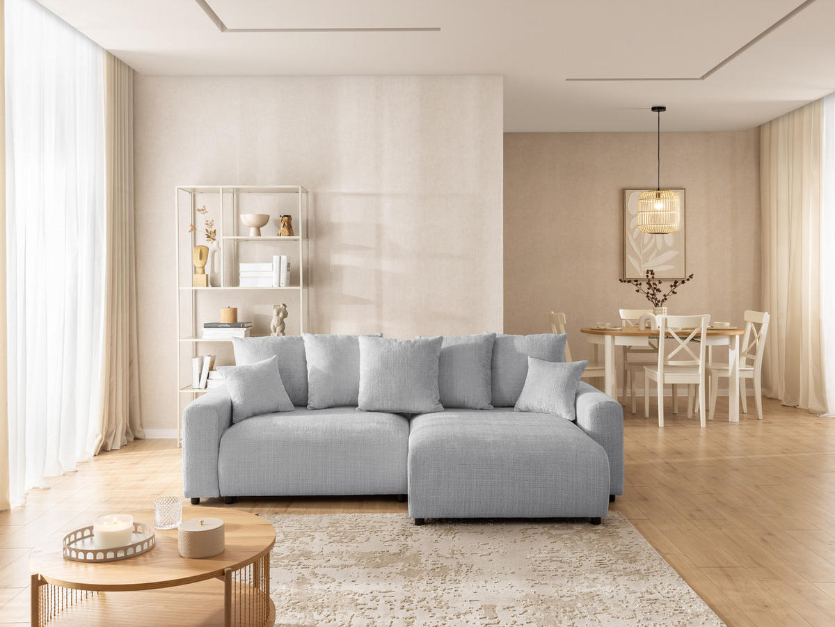 ECKSOFA Calma mit Schlaffunktion und Bettkasten im Bumpy-Design aus weichem Hellgrau Chenille-Stoff - Ottomane rechts - Beige/Hellgrau, Holz/Kunststoff (239/140cm) - S-Style Möbel