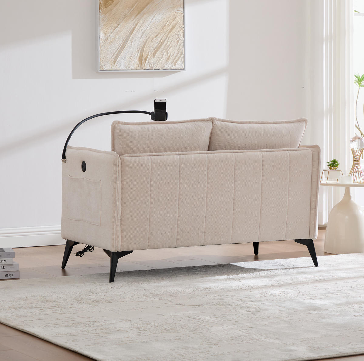 2-SITZER Sofa Chenille mit Handyhalter und Seitentaschen 127/69/66 cm Beige - Beige, Textil (66/127/69cm) - Redom