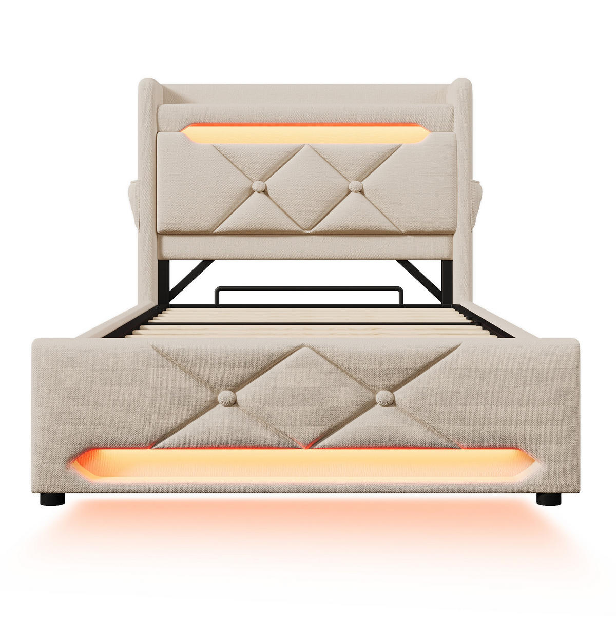 POLSTERBETT 90/200 cm mit LED, USB-C und hydraulischem Stauraum, Kopfteil mit Ablagen,und Matratze, Beige - Beige, Textil (90/200cm) - Redom