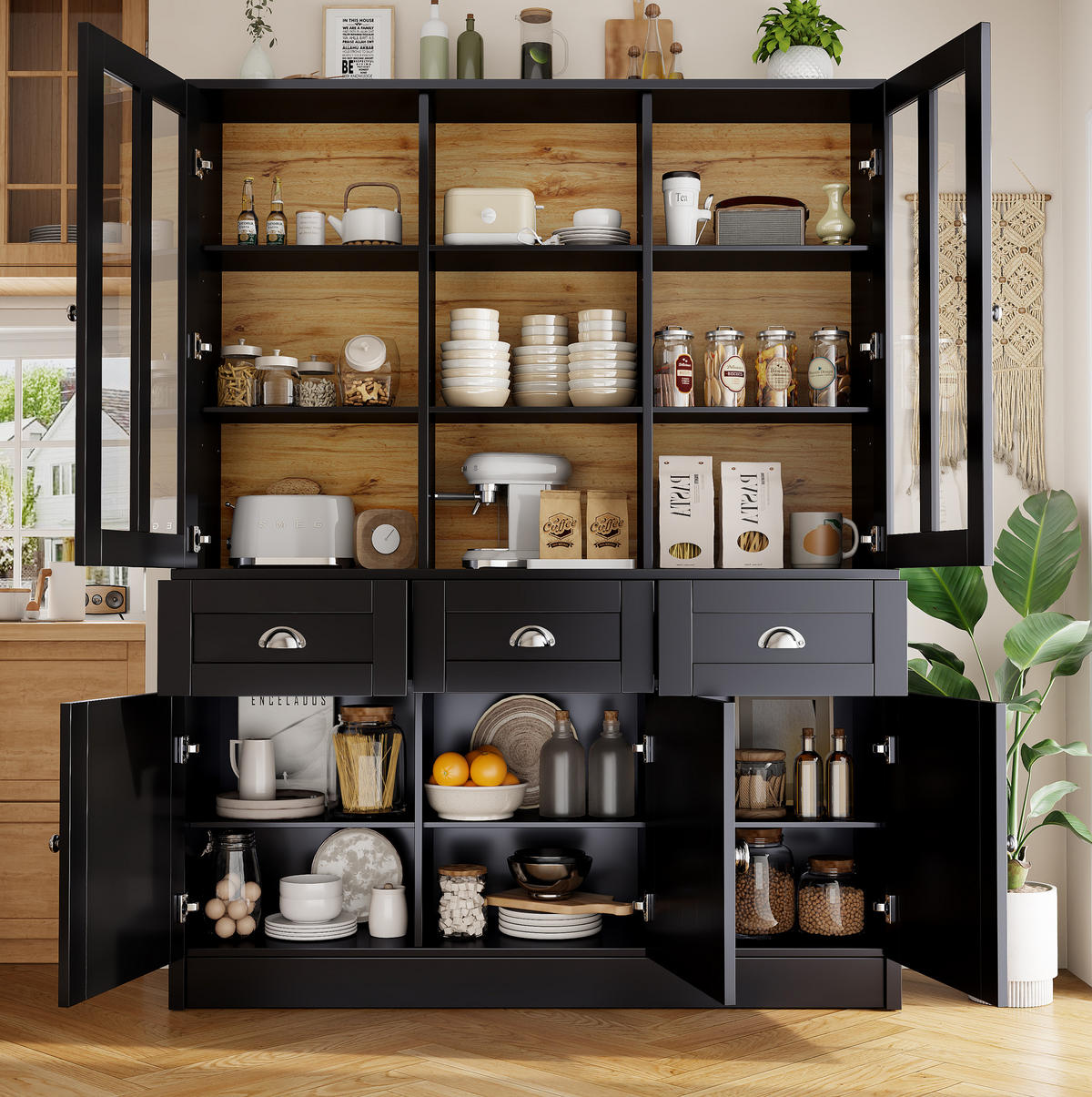 MODERNER Hochschrank mit Acryl-Türen und verstellbaren Böden, 140/38,5/175 cm, Schwarz - Schwarz, Holzwerkstoff (140/175/38.5cm) - Redom