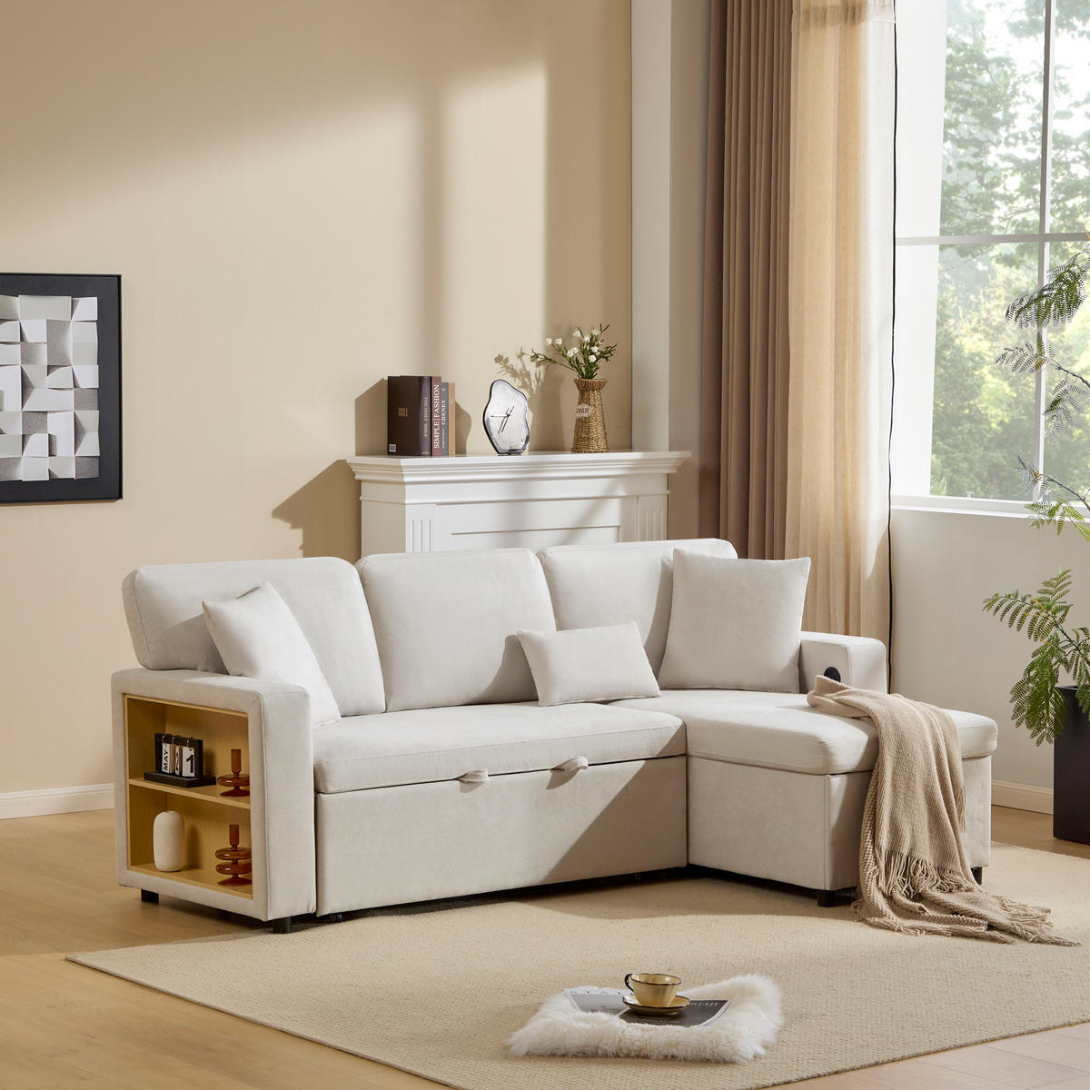 ECKSCHLAFSOFA 214/131/87 cm Beige mit Bettkasten und integriertem Regal - Beige, Textil (214/131cm) - Oxeza