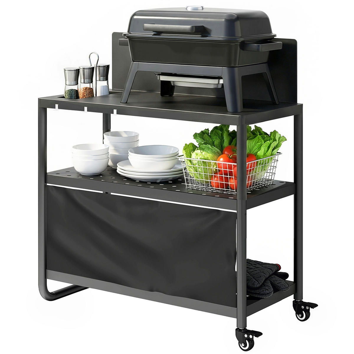 GRILLWAGEN DE-13848 3 Ebenen mit Windschutz & Schutzplane Schwarz - Schwarz, Metall (46/110/107cm) - ComfortXL