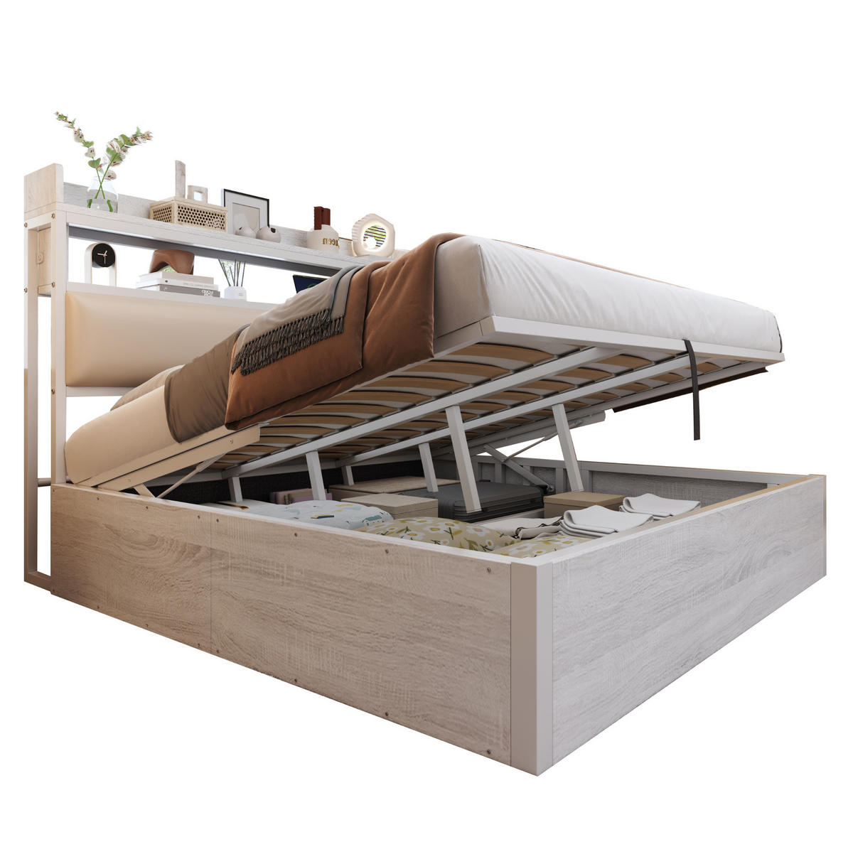 POLSTERBETT aus Metall, Holz und Stoff 180x200 cm Weiß mit USB-Anschluss, hydraulischem Bettkasten und Kopfteilablage - Weiß, Metall (180/200cm) - Modfu