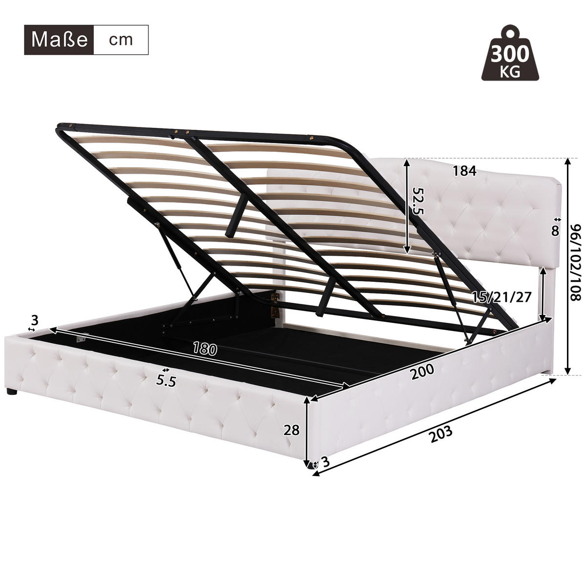 POLSTERBETT 180x200 PU Höhenverstellbar Stauraum Weiß - Weiß, Leder - FLIEKS