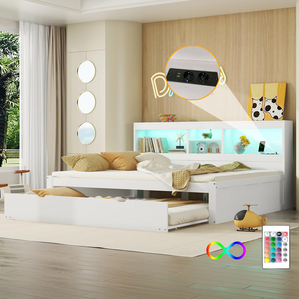 SCHLAFSOFA 140x200cm Weiß LED-Licht Bettseite Staufach Ausziehbett USB - Weiß, Holz (140/200cm) - FLIEKS