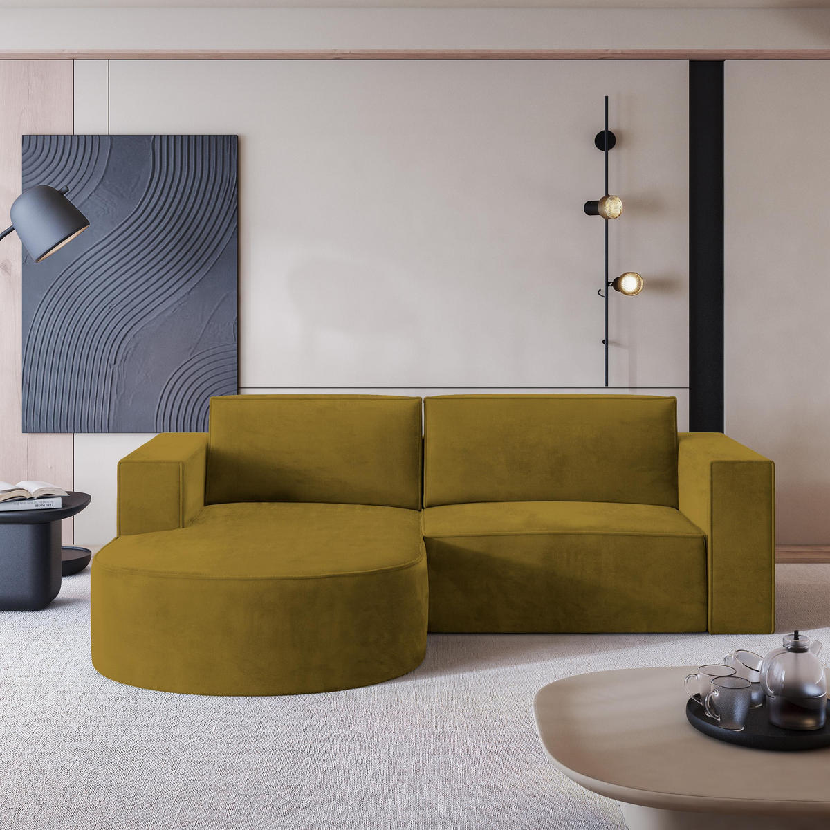 ECKSOFA SORELA M L-S Gelb Velours-Stoff mit Schlaffunktion - Gelb, Holz (263/174cm) - MASSENO