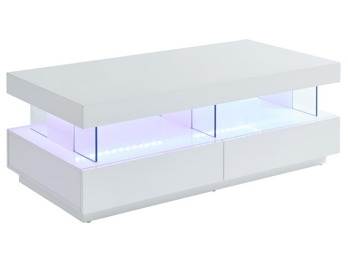 COUCHTISCH mit 2 Schubladen & 2 Ablagen + LEDs - MDF lackiert - Weiß - FABIO - Weiß, Holz (120/60/42cm) - Vente-Unique