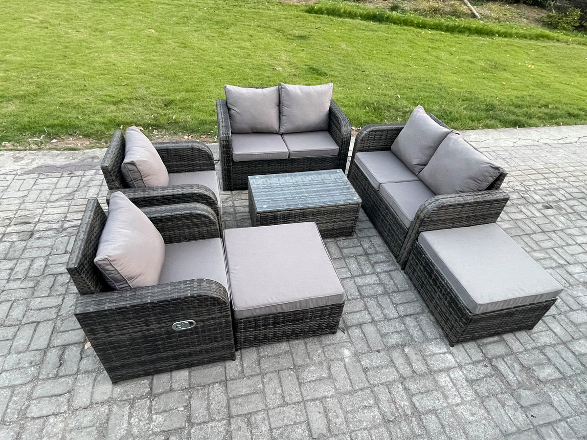 GARTENMÖBELGARNITUR mit KISSEN Polyrattan Dunkelgrau 8-Sitzer - Dunkelgrau/Grau, Glas/Kunststoff - Fimous