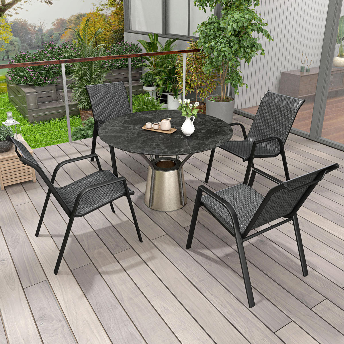 GARTENSTUHL DE-13587 4er-Set mit Armlehnen, stapelbar Natur - Grau, Metall (70/85/52cm) - ComfortXL