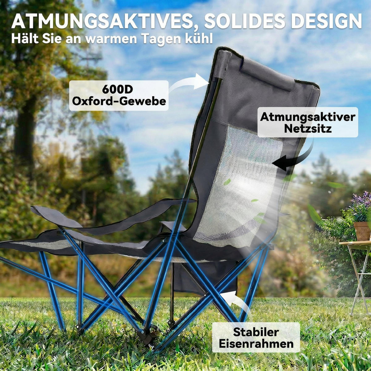 CAMPINGSTUHL mit Fußablage 2er Set Edelstahl, 600D Oxford-Gewebe Dunkelgrau - Dunkelgrau/Schwarz, Metall (80/100/125cm) - Outsunny