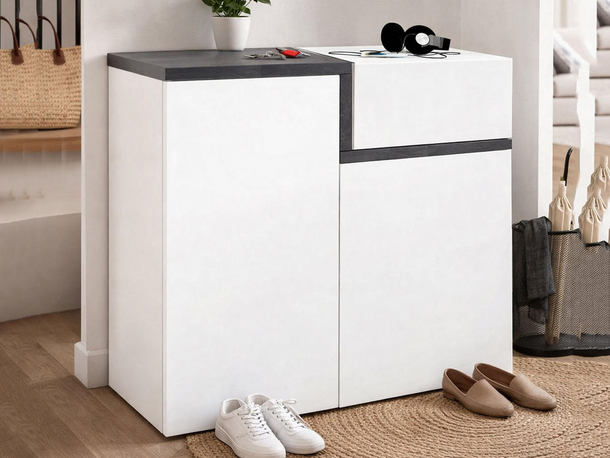 SCHUHSCHRANK Glänzendes Weiß, Schiefer 40/80/80 cm - Schieferfarben/Weiß, Holzwerkstoff (80/80/40cm) - DMORA