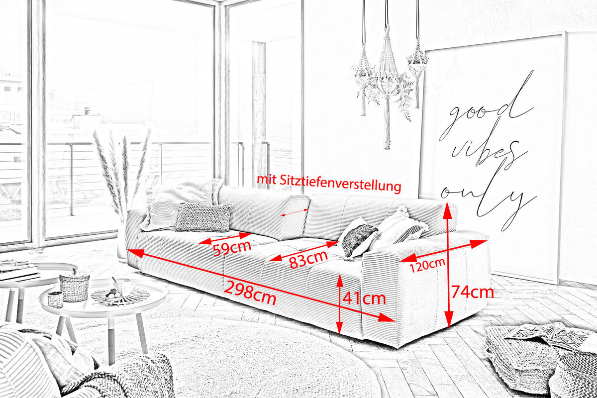 SOFA MIT SITZTIEFENVERSTELLUNG PALACE Weiß Cord - Weiß, Textil (298/74/120cm) - KAWOLA
