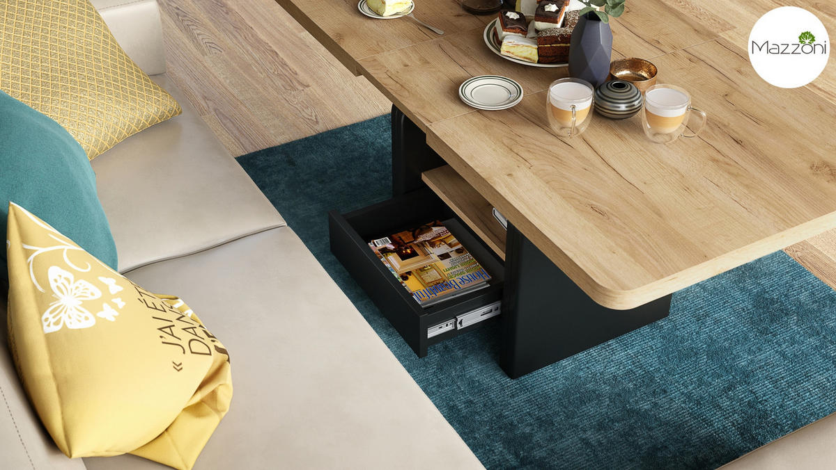 COUCHTISCH rechteckig Eiche Gold - Schwarz höhenverstellbar ausziehbar - Eichefarben/Schwarz, Holzwerkstoff (75/180/75cm) - designimpex