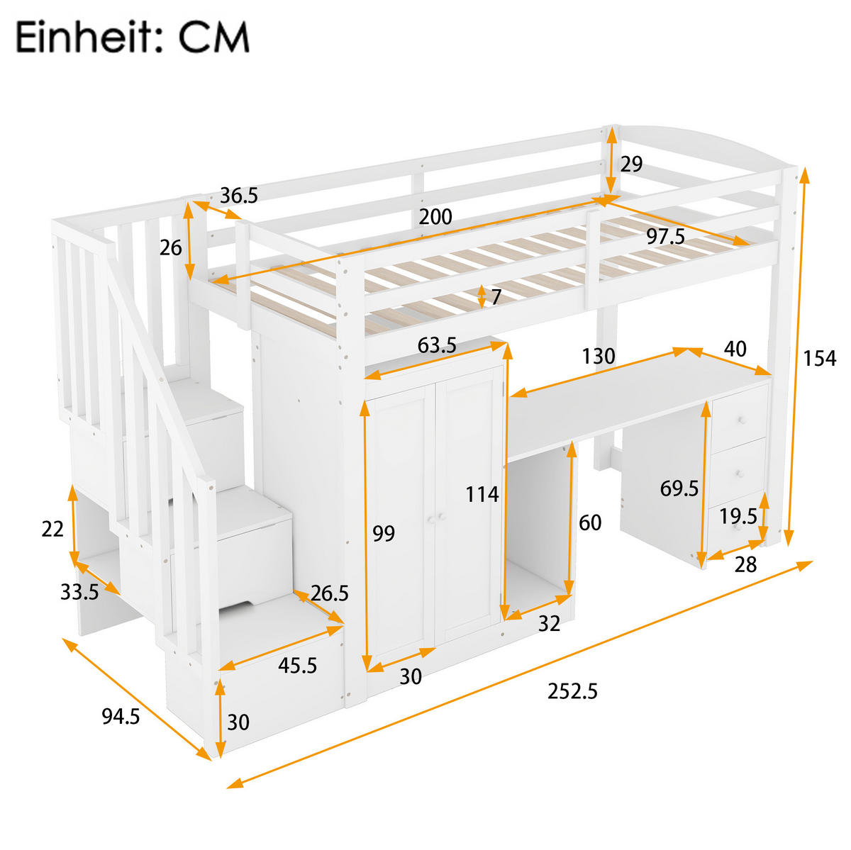 HOCHBETT 90/200 cm in Weiß mit Schreibtisch, Kleiderschrank und Stauraumtreppe - Weiß, Holzwerkstoff (90/200cm) - Flora Grace