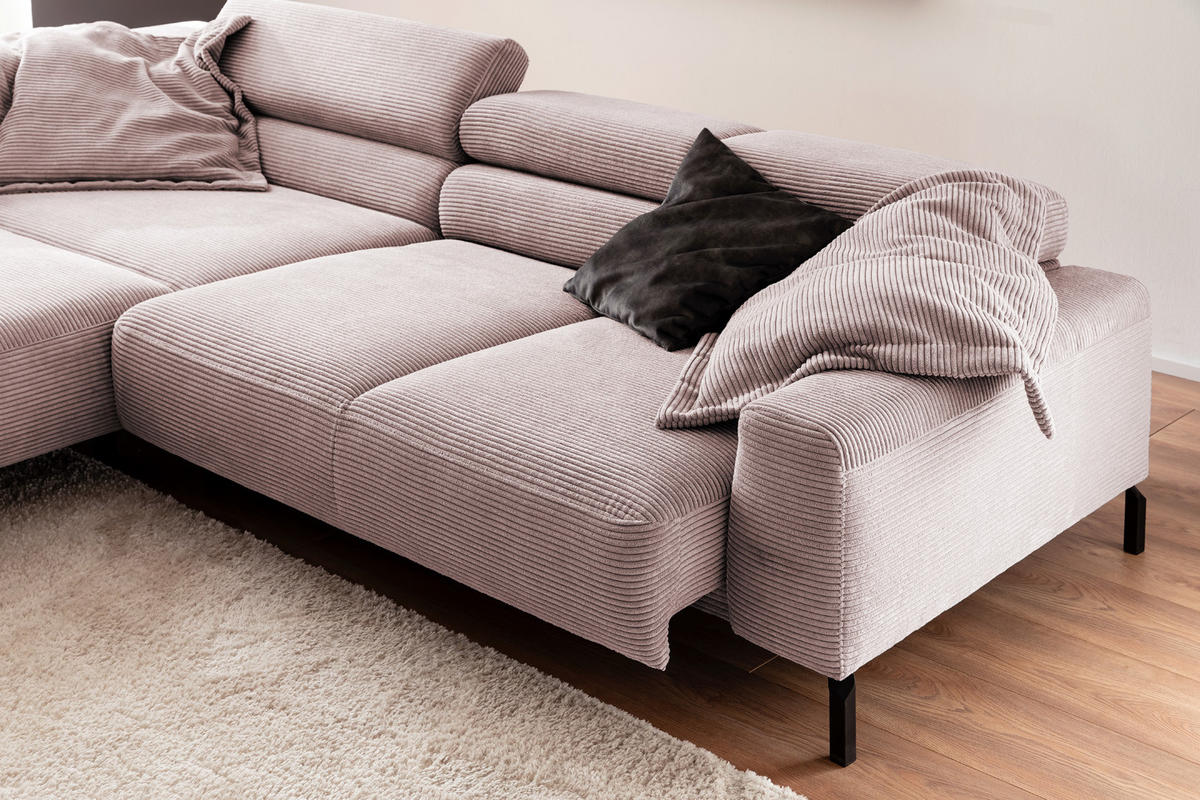 ECKSOFA MIT MOTORISCHEM SITZVORZUG DELIA Pink Cord - Pink/Schwarz, Textil/Metall (312/219cm) - KAWOLA