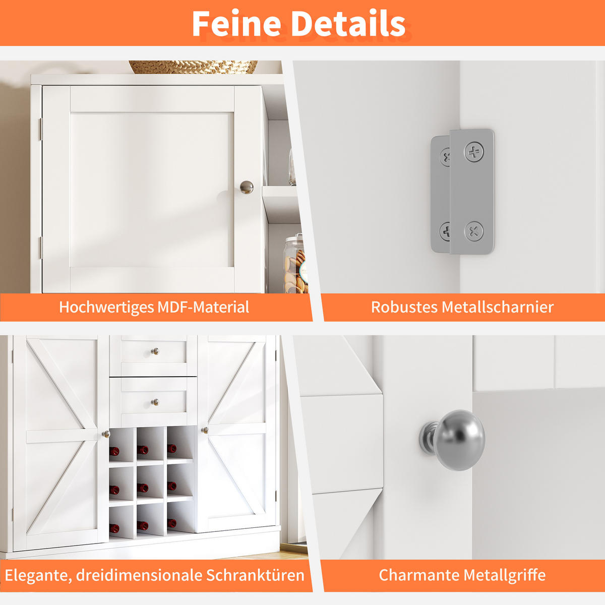 BUFFET 120/40/188 cm Weiß aus MDF mit Weinregal - Weiß, Holzwerkstoff (106/179.5/40cm) - OKWISH