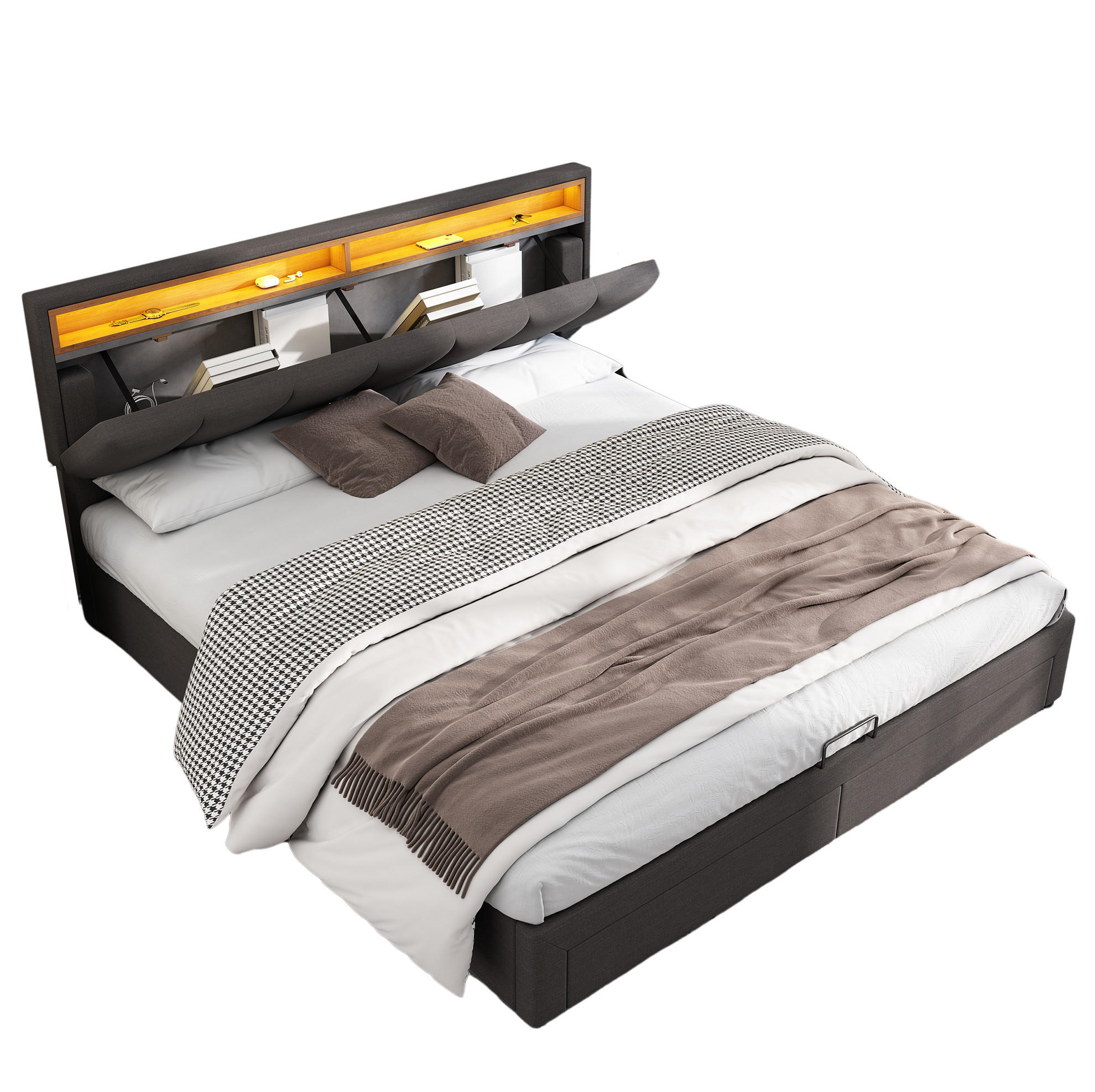 POLSTERBETT 160/200 cm dunkelgrau aus Stahl mit LED-Beleuchtung - Hellgrau, Metall (160/200cm) - OKMYHOME
