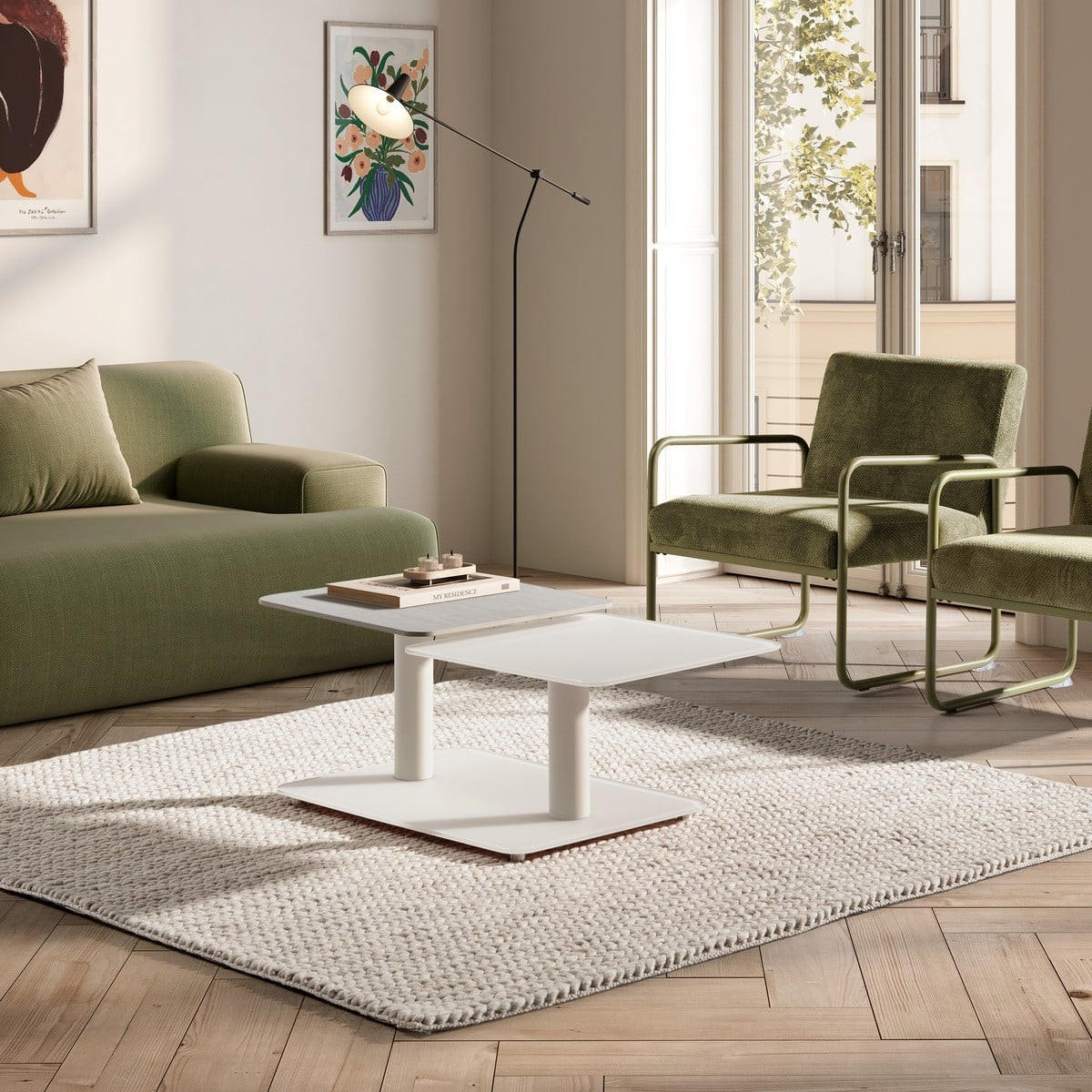 COUCHTISCH mit quadratischen Glasplatten 54/42,8/114,6 cm - Beige, Glas (66.5/54/42.8cm) - Calicosy