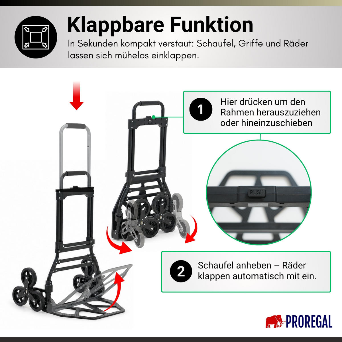 TREPPENSTEIGER Sackkarre Elephant klappbar 112x49x58cm Traglast 150kg AluminiumrahmenTRR Fachgummiräder Silber - Schwarz, Metall (58/49/112cm) - PROREGAL