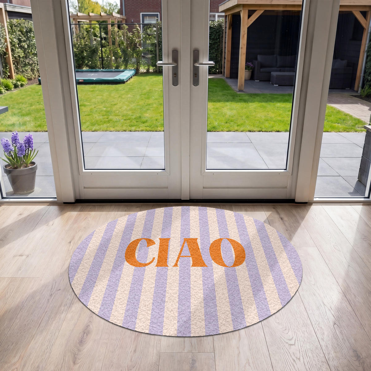 FUSSMATTE Ciao - Zitat - Pastell - Streifen Schmutzfangmatte 120x120 cm - Flieder, Kunststoff (120/120cm) - MuchoWow