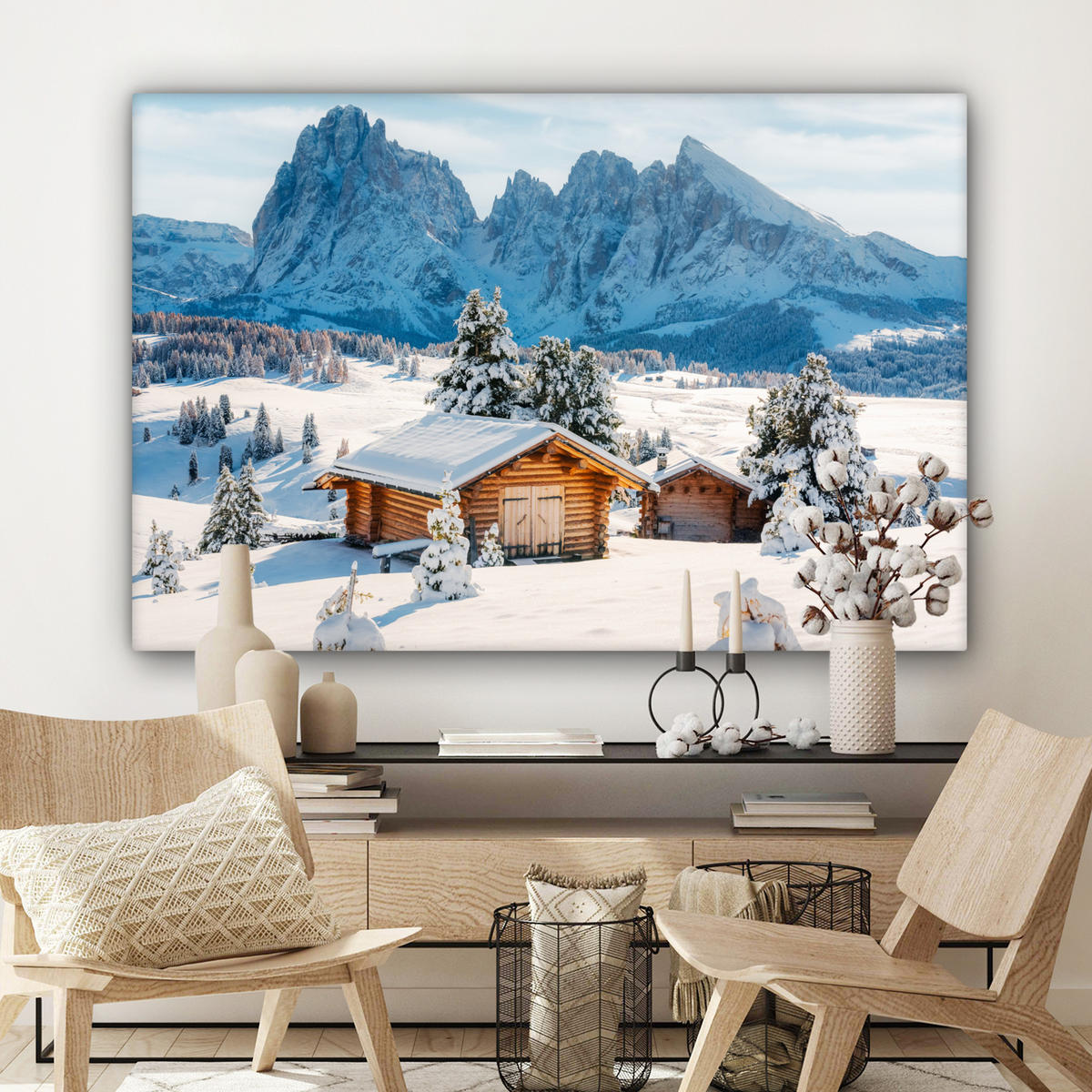 LEINWANDBILD Winter - Hütte - Berge - Aussicht - Schnee Wohnzimmer Groß 120x80 cm - Eichefarben, Textil (120/80cm) - MuchoWow