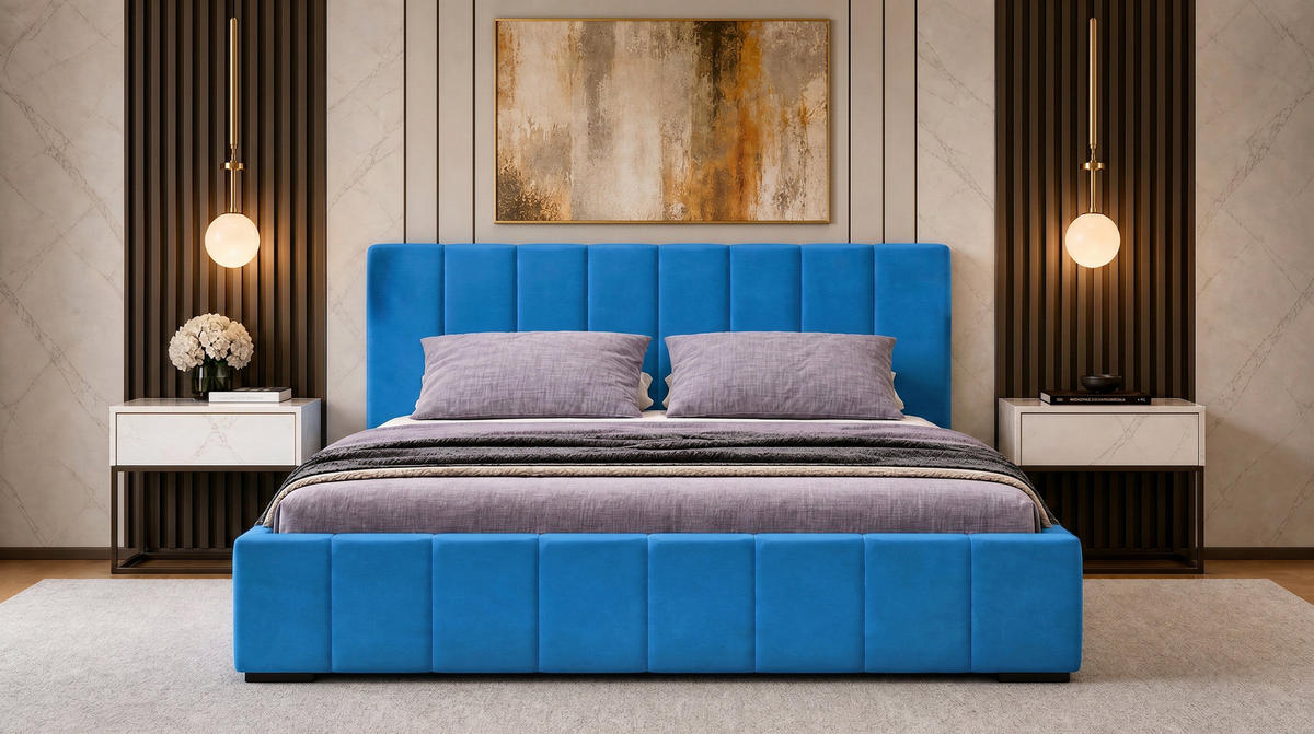 POLSTERBETT Nero 120x200 cm, Doppelbett mit Bettkasten und Lattenrost aus Holz, Velourstoff: Blau - Blau, Holz/Kunststoff (120/200cm) - Marpur