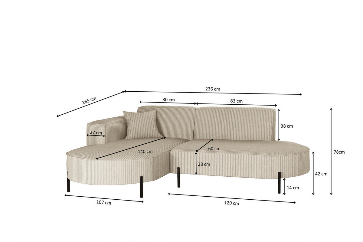 ECKSOFA L-Form Designer Modena Rein stoff Cord Beige Links - Creme, Holzwerkstoff (165/236cm) - Kaiser Möbel
