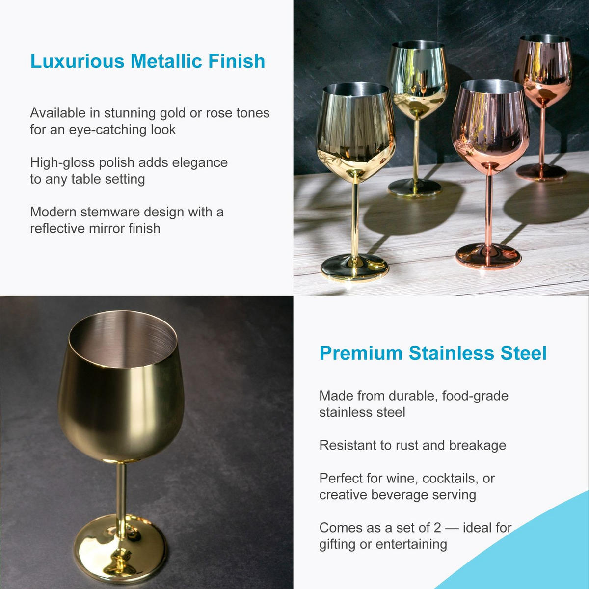 WEINGLAS-SET Edelstahl 400 ml (2er-Set) - Goldfarben, Metall (0.4L) - Intirilife