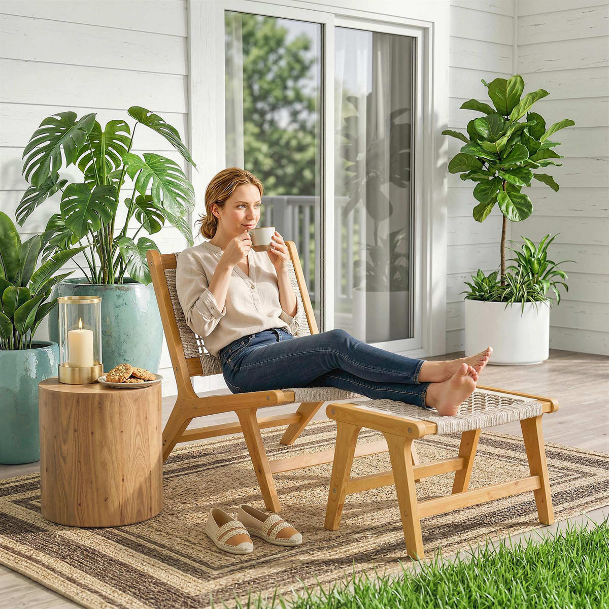 SESSEL-SET DE-07599 2-teilig, mit Fußhocker aus Akazienholz und Rattan-Sitz Natur - Beige, Holz/Kunststoff (60/73.5/83cm) - ComfortXL