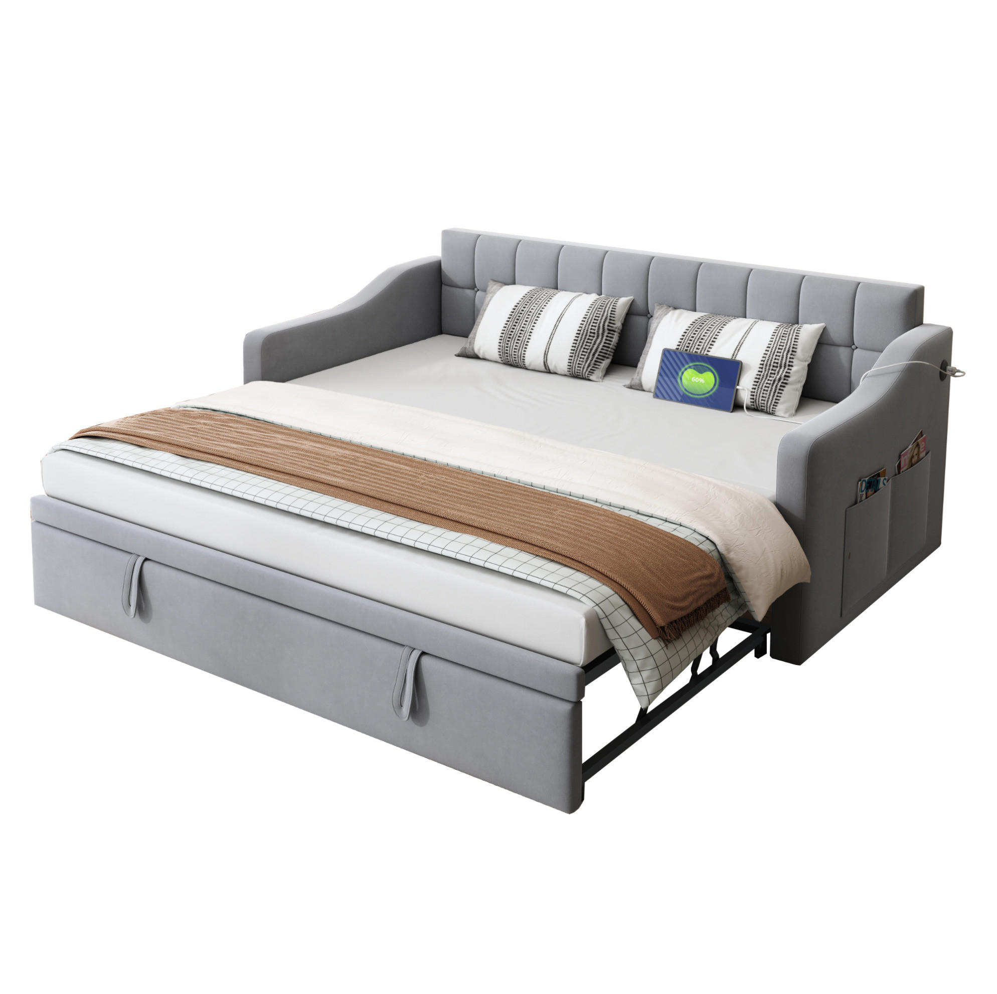POLSTERBETT 90/190 cm ausziehbar auf 180 cm mit USB-Anschlüssen und Samtbezug, Hellgrau - Hellgrau, Textil (90/190cm) - Redom