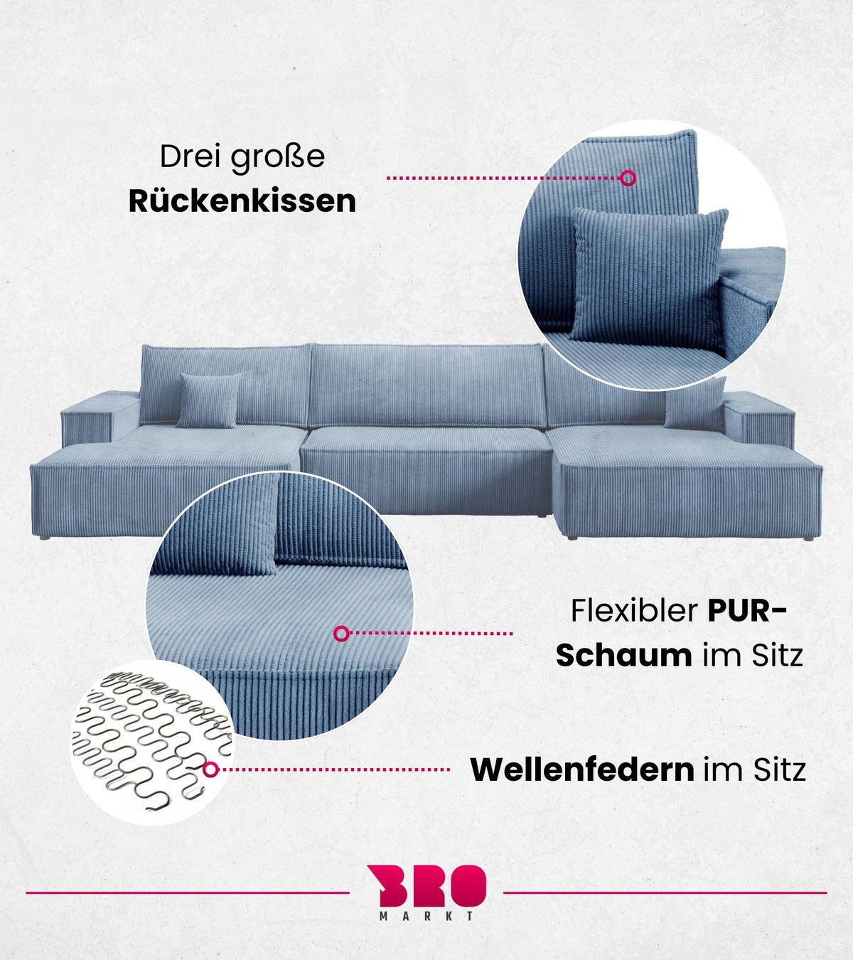 WOHNLANDCHAFT Pablo U mit Schlaffunktion Himmelblau Cord - Blau, Textil (398/85/148cm) - Bromarkt