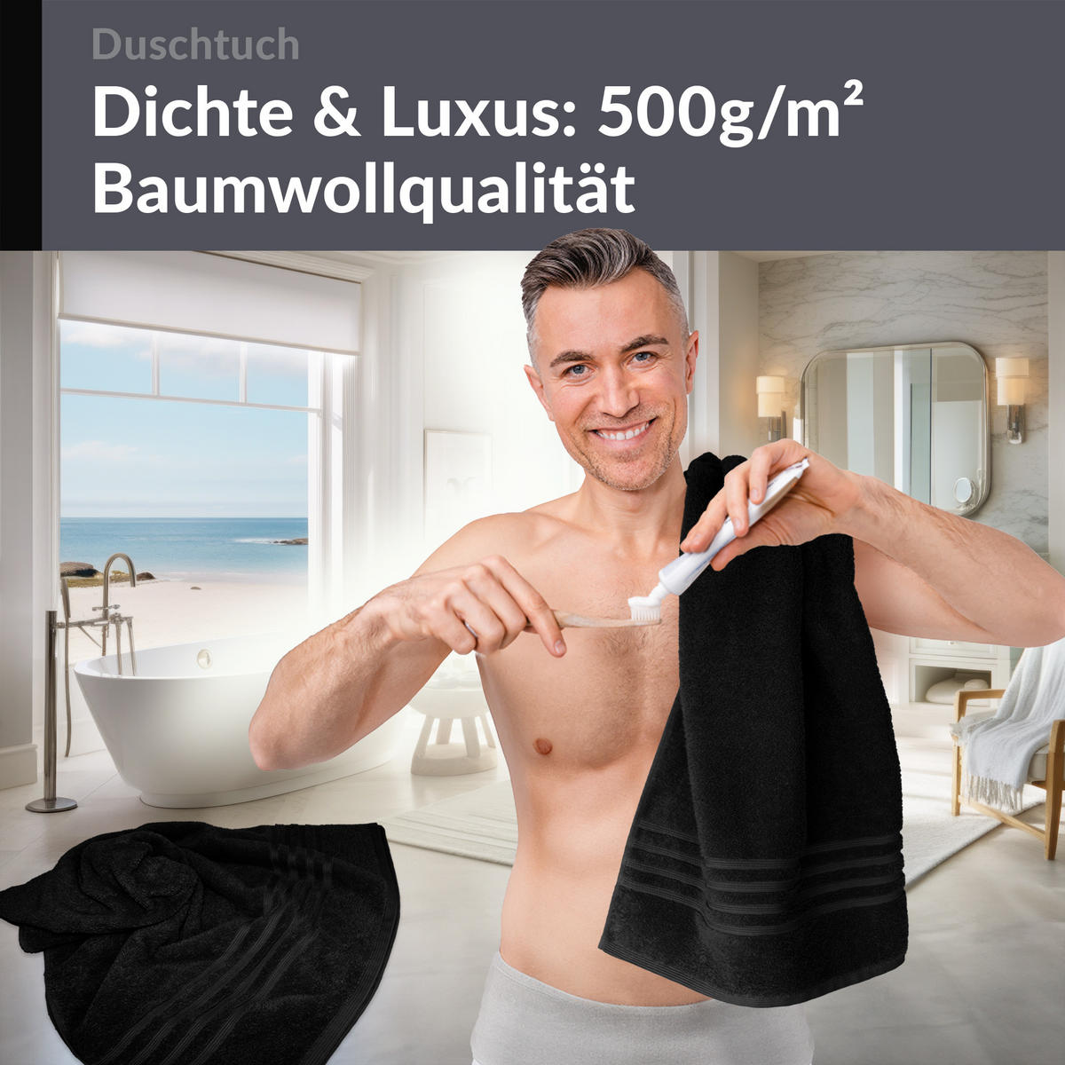 DUSCHTUCH London Schwarz 2er Set 70x140 - Schwarz, Textil (70/140cm) - Lashuma