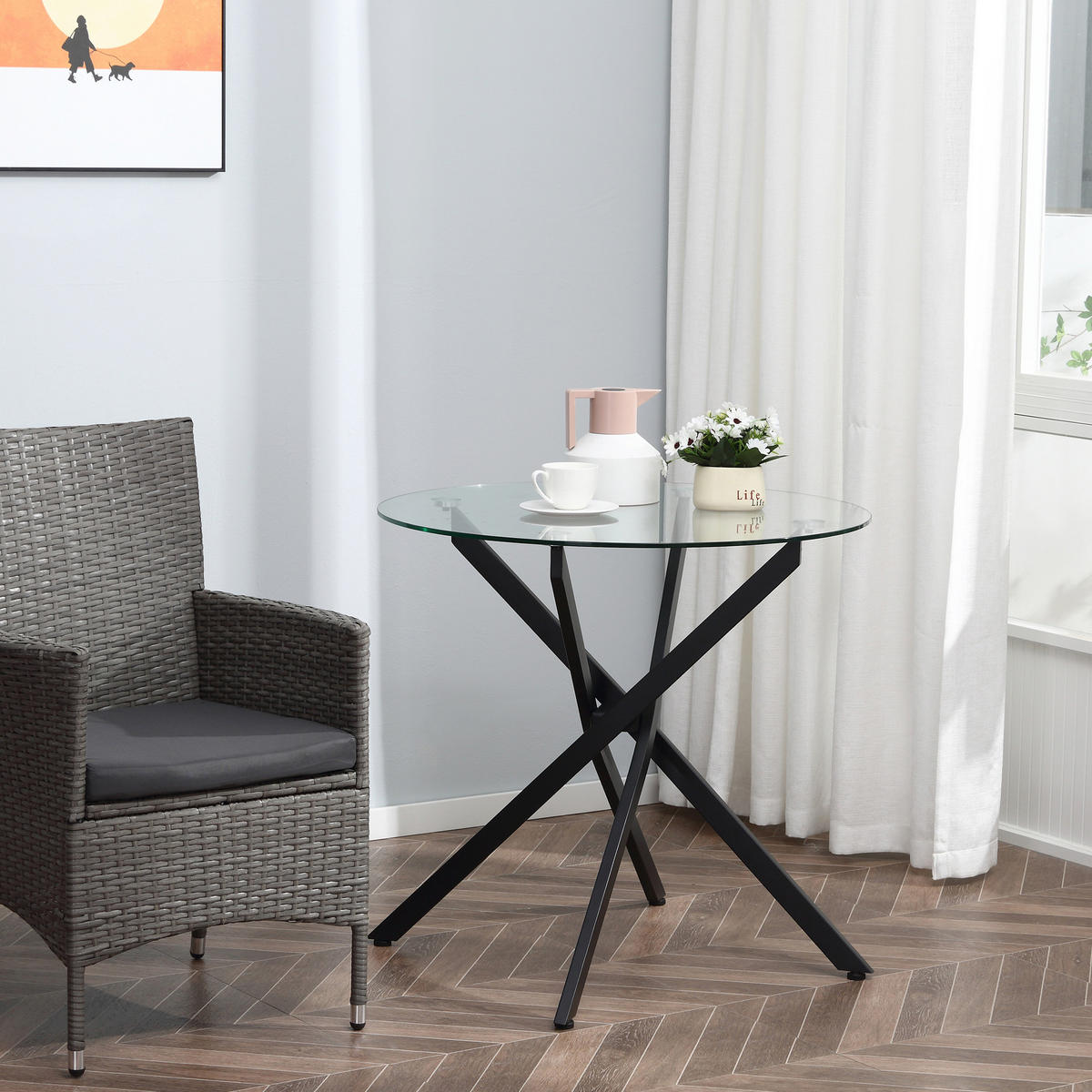 ESSTISCH, Rund Küchentisch für 4 Personen, runder Esszimmertisch Hartglas - Schwarz, Metall (80/80/75cm) - HOMCOM