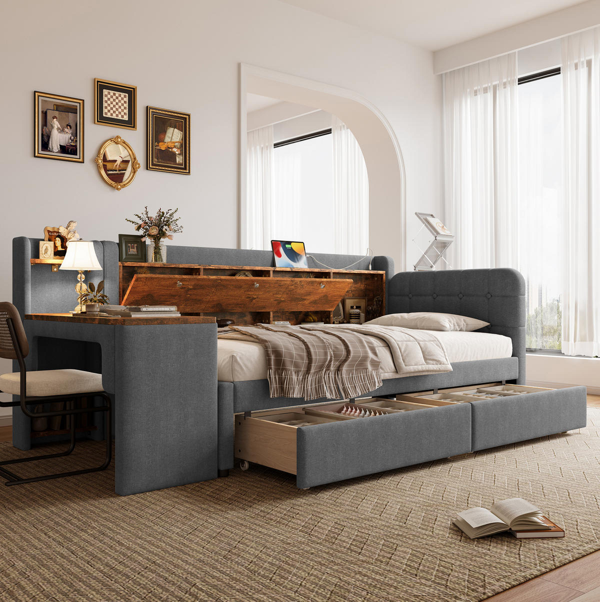 POLSTERBETT 90/200 cm Grau mit 2 Schubladen, Schreibtisch und USB - Grau, Textil (90/200cm) - Flora Grace
