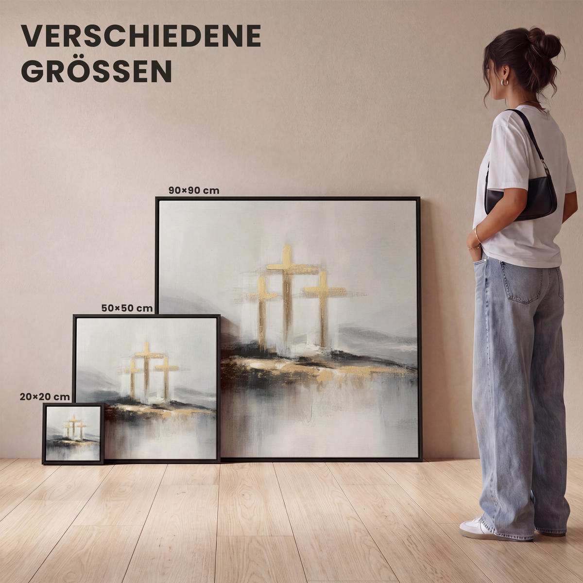 LEINWAND Bilder mit Rahmen - Abstrakt - Malerei - Christentum - Kreuz - 50x50 - Weiß, Textil (50/50cm) - MuchoWow