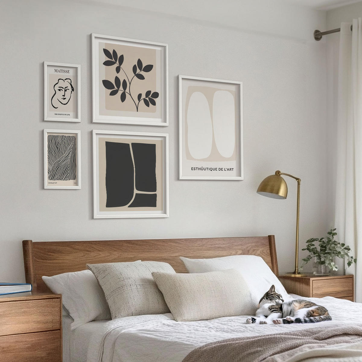 WANDBILDER 5er-Set - 50x50 cm & 20x30 cm & 40x60 cm Weißer Rahmen - Minimalistische Pflanzenmuster - Weiß, Kunststoff (40/60cm) - ArtPrintCave