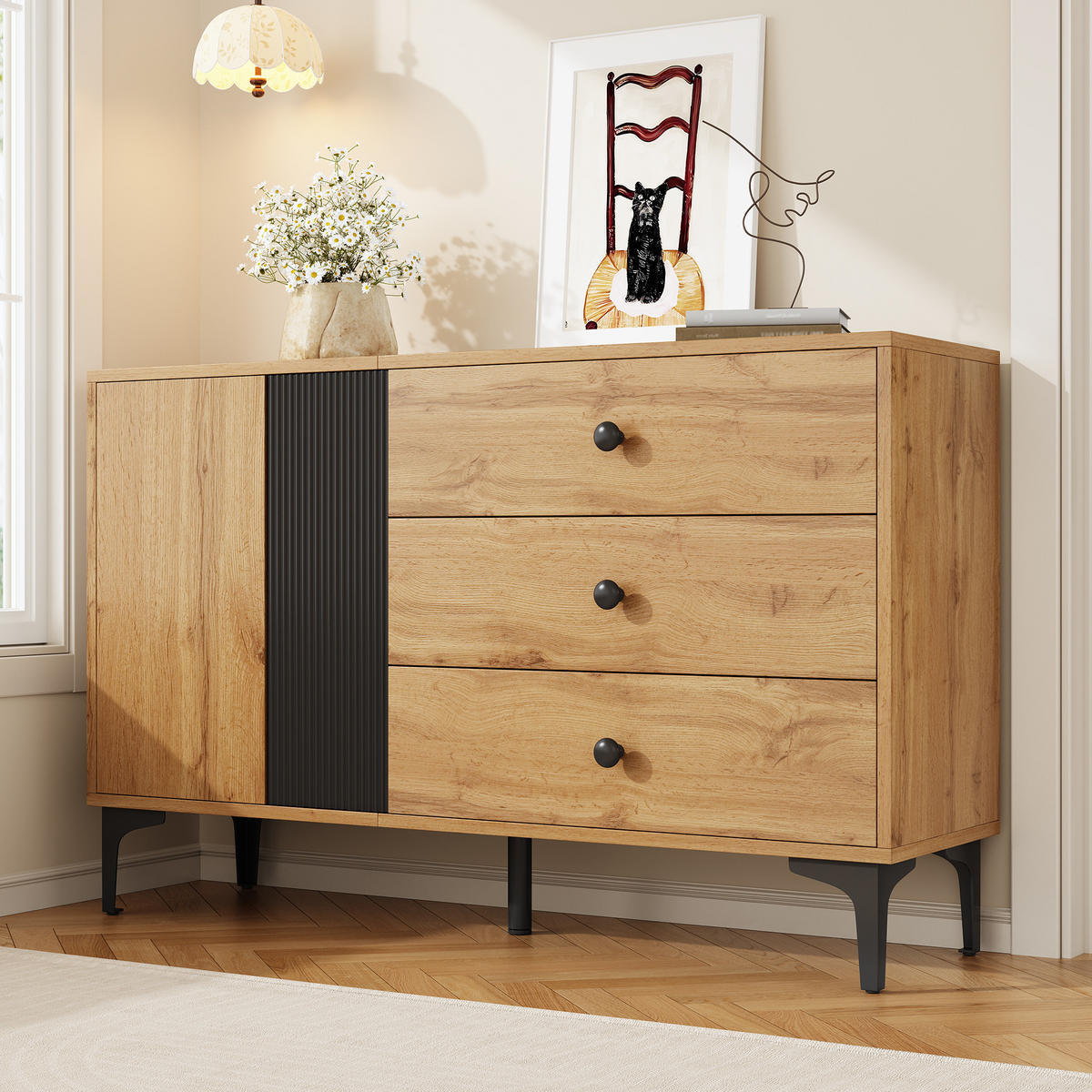 SIDEBOARD 120/35/76 cm aus Holzwerkstoff mit 1 Tür, 3 Schubladen und Metallfüßen Natur/Schwarz - Schwarz, Holzwerkstoff (120/76/35cm) - Modenvie