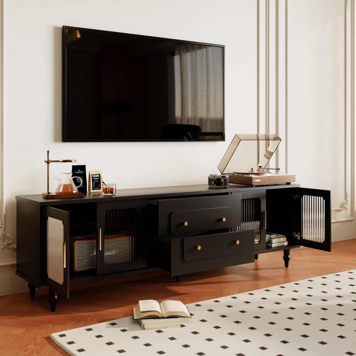 TV Lowboard Glastüren, 2 Schubladen, Schwarz - Schwarz, Holz (175/55/38cm)