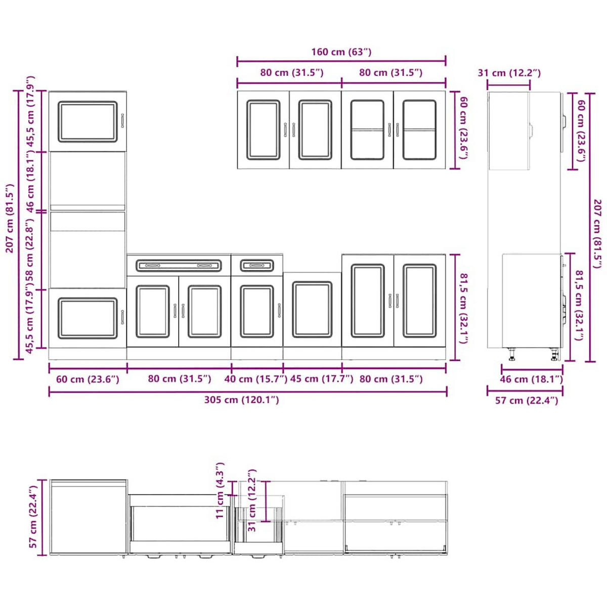 KÜCHENLEERBLOCK KALMAR 305 cm, aus Holzwerkstoff und Glas, in Schwarz - Schwarz, Holz (57/207/305cm) - vidaXL